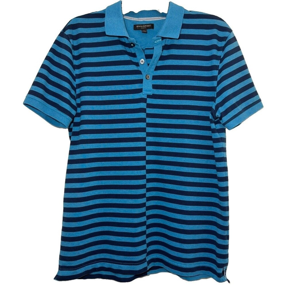 Banana Republic Slim Fit Polo Shirt Men’s Large Blue Navy Striped Cotton Stretch
